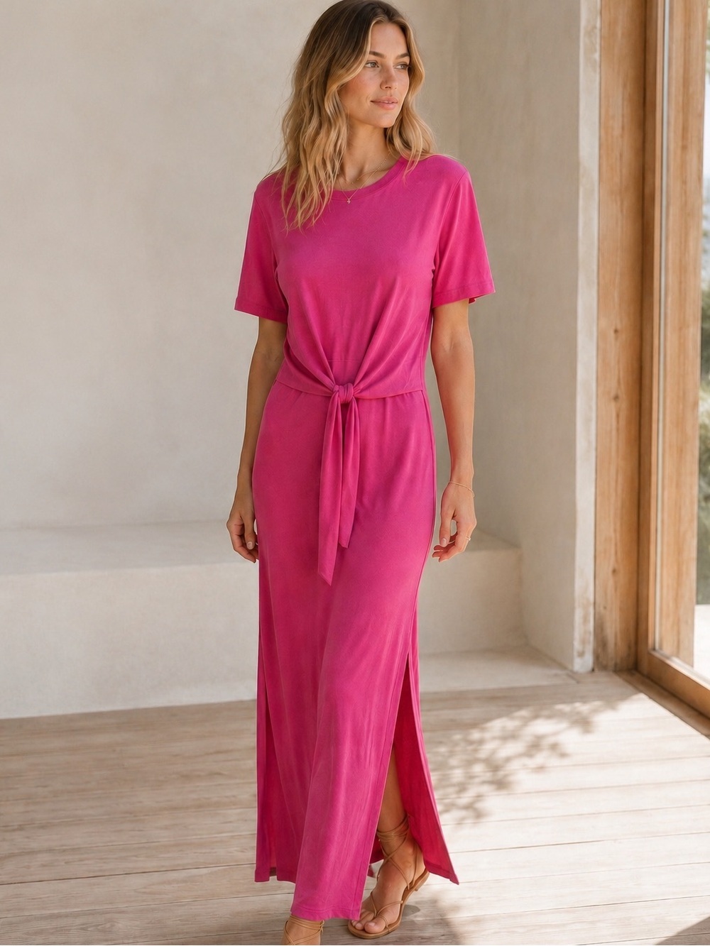 Xirena Tianna Maxi Dress Pink Cotton Tie Front Slit Size Small